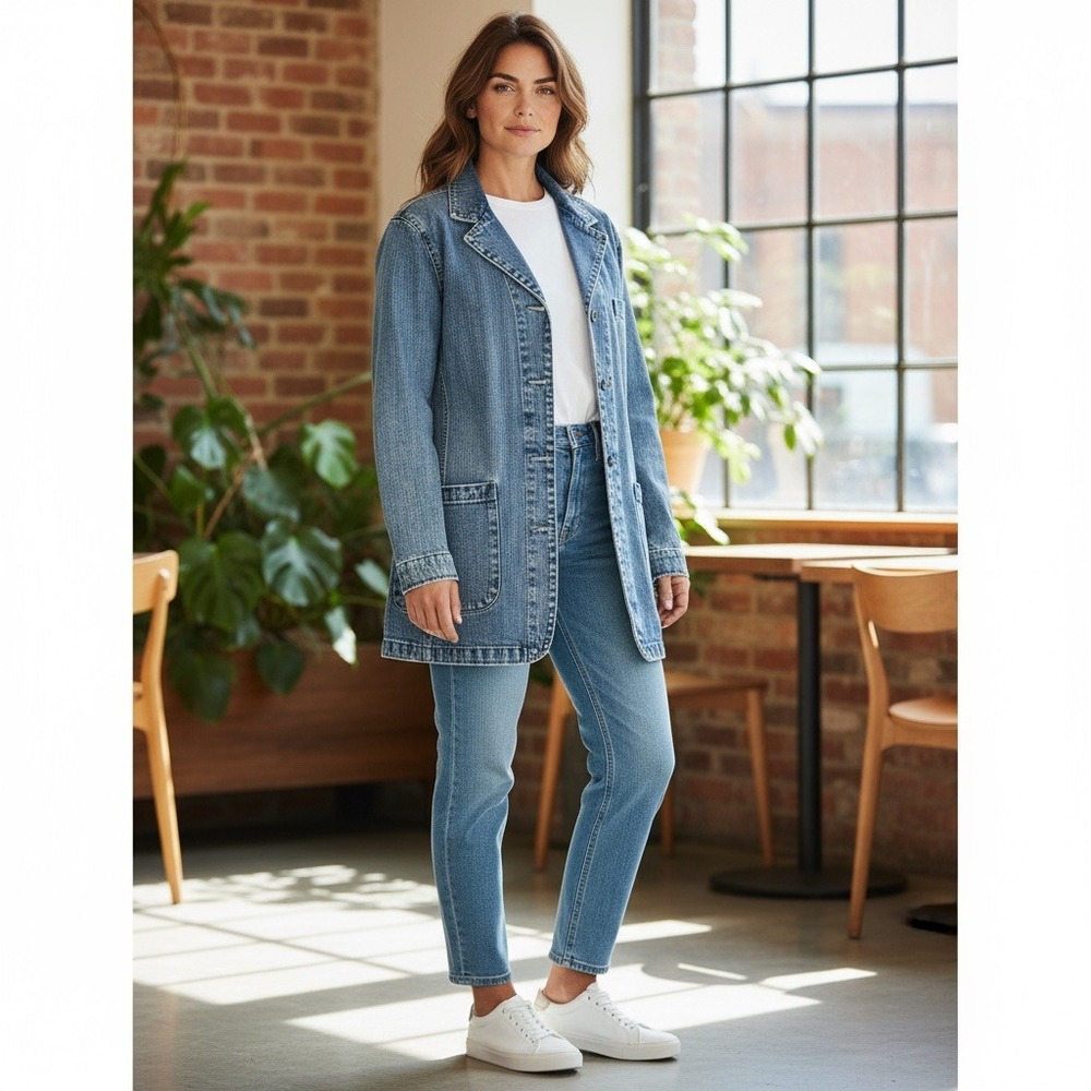 Vintage Y2K Ice City Denim Jacket Long Sleeve Button Up Blue Jean Blazer L